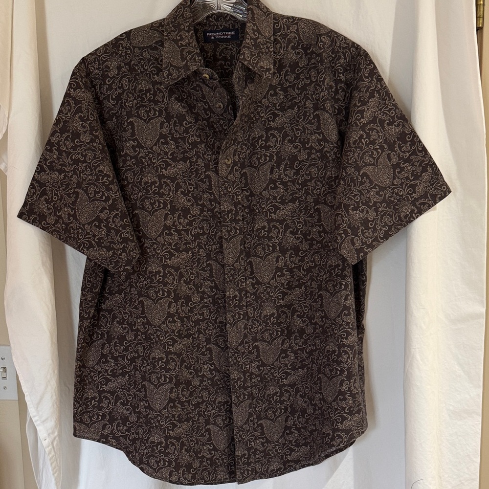 Roundtree & Yorke Brown Patterned Casual Shirt Sz L